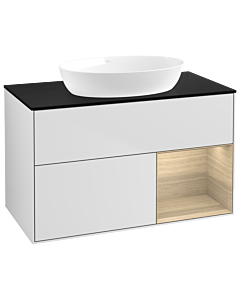 Villeroy und Boch Finion GA22PCMT 100cm, plaque de recouvrement noire mate, Emotion, étagères Oak Veneer , laqué blanc mat