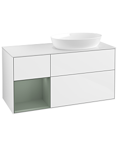 Villeroy und Boch Finion Villeroy und Boch GA41GMGF 120cm, plaque de recouvrement blanc mat, Emotion, étagères laqué olive mat, laqué blanc brillant