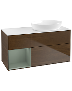 Villeroy und Boch Finion Waschtischunterschrank GA41GMGN 120cm, Abdeckplatte white matt, Emotion, Regale Olive matt lacquer, Walnut veneer