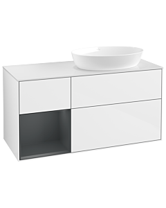 Villeroy und Boch Finion Villeroy und Boch GA41HGGF 120cm, plaque de recouvrement blanc mat, Emotion, étagères laqué mat Midnight, laqué blanc brillant