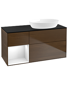 Villeroy und Boch Finion Waschtischunterschrank GA42GFGN 120cm, Abdeckplatte black matt, Emotion, Regale Glossy white lacquer, Walnut veneer