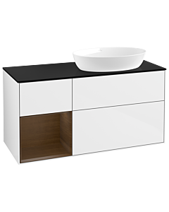 Villeroy und Boch Finion Waschtischunterschrank GA42GNGF 120cm, Abdeckplatte black matt, Emotion, Regale Walnut Veneer, Glossy white lacquer