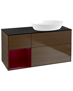 Villeroy und Boch Finion Waschtischunterschrank GA42HBGN 120cm, Abdeckplatte black matt, Emotion, Regale Peony matt lacquer, Walnut veneer