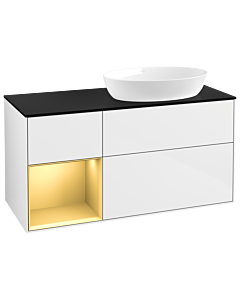 Villeroy und Boch Finion Villeroy und Boch GA42HFGF 120cm, plaque de recouvrement noir mat, Emotion, étagères laqué or mat, laqué blanc brillant