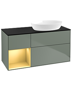 Villeroy und Boch Finion GA42HFGM 120cm, plaque de recouvrement noir mat, Emotion, étagères laqué mat or, Olive Matt Lacquer
