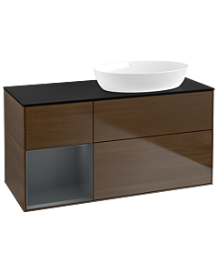 Villeroy und Boch Finion Waschtischunterschrank GA42HGGN 120cm, Abdeckplatte black matt, Emotion, Regale Midnight matt lacquer, Walnut veneer