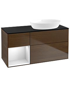Villeroy und Boch Finion Waschtischunterschrank GA42MTGN 120cm, Abdeckplatte black matt, Emotion, Regale White matt lacquer, Walnut veneer