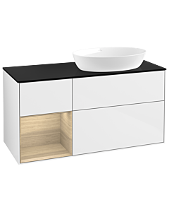 Villeroy und Boch Finion GA42PCGF 120cm, plaque de recouvrement noire mate, Emotion, étagères Oak Veneer , laqué blanc brillant