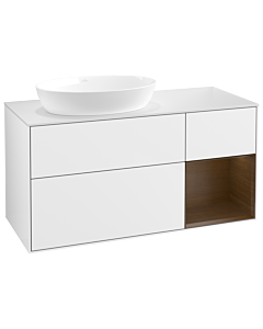 Villeroy und Boch Finion Waschtischunterschrank GA51GNGF 120cm, Abdeckplatte white matt, Emotion, Regale Walnut Veneer, Glossy white lacquer