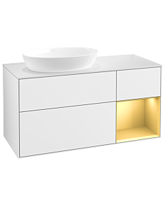 Villeroy und Boch Finion Villeroy und Boch GA51HFGF 120cm, plaque de recouvrement blanc mat, Emotion, étagères laqué or mat, laqué blanc brillant