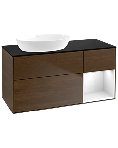 Villeroy und Boch Finion Waschtischunterschrank GA52GFGN 120cm, Abdeckplatte black matt, Emotion, Regale Glossy white lacquer, Walnut veneer