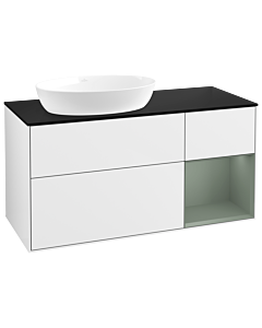 Villeroy und Boch Finion Villeroy und Boch GA52GMGF 120cm, plaque de recouvrement noir mat, Emotion, étagères laqué olive mat, laqué blanc brillant