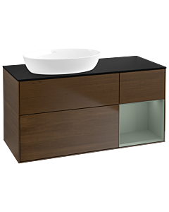 Villeroy und Boch Finion Villeroy und Boch GA52GMGN 120cm, plaque de recouvrement noir mat, Emotion, étagères laqué olive mat, placage noyer