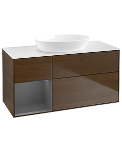 Villeroy und Boch Finion Waschtischunterschrank GA61GKGN 120cm, Abdeckplatte white matt, Emotion, Regale Anthracite matt lacquer, Walnut veneer