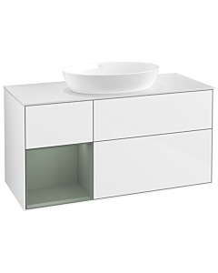 Villeroy und Boch Finion Waschtischunterschrank GA61GMGF 120cm, Abdeckplatte white matt, Emotion, Regale Olive matt lacquer, Glossy white lacquer