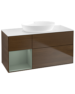 Villeroy und Boch Finion Waschtischunterschrank GA61GMGN 120cm, Abdeckplatte white matt, Emotion, Regale Olive matt lacquer, Walnut veneer