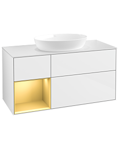 Villeroy und Boch Finion Villeroy und Boch GA61HFGF 120cm, plaque de recouvrement blanc mat, Emotion, étagères laqué or mat, laqué blanc brillant