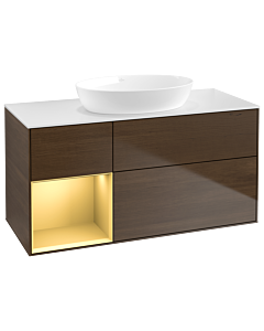 Villeroy und Boch Finion Waschtischunterschrank GA61HFGN 120cm, Abdeckplatte white matt, Emotion, Regale Gold matt lacquer, Walnut veneer