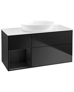 Villeroy und Boch Finion Villeroy und Boch GA61PDPD 120cm, plaque de recouvrement blanc mat, Emotion, étagères laqué noir mat, laqué noir mat