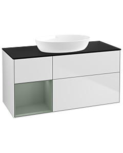 Villeroy und Boch Finion Villeroy und Boch GA62GMMT 120cm, plaque de recouvrement noir mat, Emotion, étagères laqué olive mat, laqué blanc mat