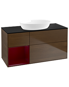 Villeroy und Boch Finion Waschtischunterschrank GA62HBGN 120cm, Abdeckplatte black matt, Emotion, Regale Peony matt lacquer, Walnut veneer