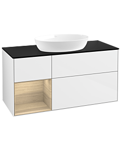 Villeroy und Boch Finion Waschtischunterschrank GA62PCGF 120cm, Abdeckplatte black matt, Emotion, Regale Oak Veneer, Glossy white lacquer