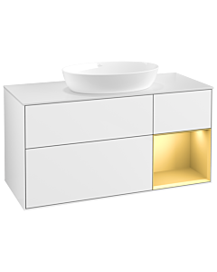 Villeroy und Boch Finion Villeroy und Boch GA71HFGF 120cm, plaque de recouvrement blanc mat, Emotion, étagères laqué or mat, laqué blanc brillant