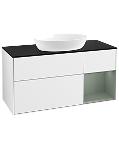 Villeroy und Boch Finion Villeroy und Boch GA72GMGF 120cm, plaque de recouvrement noir mat, Emotion, étagères laqué olive mat, laqué blanc brillant