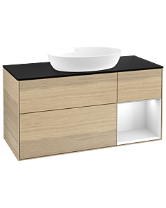 Villeroy und Boch Finion GA72MTPC 120cm, plaque de recouvrement noire mate, Emotion, étagères Oak Veneer blanc mat, Oak Veneer