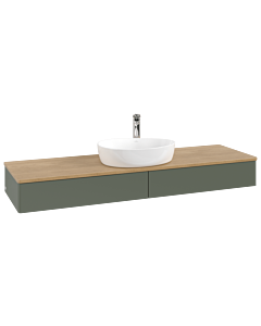 Meuble vasque Villeroy &amp; Boch Antao K14051HL 160 x 19 x 50 cm, percé pour robinetterie, plan vasque couleur chêne miel, laque mate vert feuille