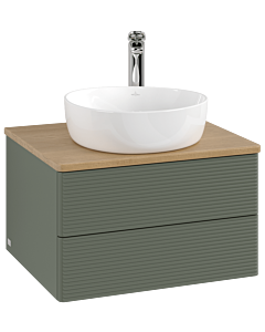 Meuble vasque Villeroy &amp; Boch Antao K18151HL 60 x 36 x 50 cm, percé pour robinetterie, plan vasque couleur chêne miel, laque mate vert feuille