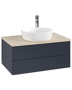 Meuble vasque Villeroy &amp; Boch Antao K19053HG 80 x 36 x 50 cm, percé pour robinetterie, plan vasque couleur Botticino, laque mate bleu nuit