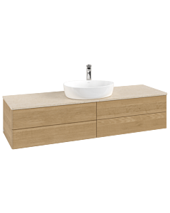 Meuble vasque Villeroy &amp; Boch Antao K25053HN 160 x 36 x 50 cm, percé pour robinetterie, plan vasque couleur Botticino, chêne miel