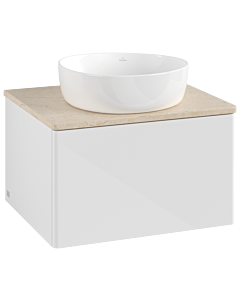 Meuble vasque Villeroy &amp; Boch Antao K29013GF 60 x 36 x 50 cm, plan vasque couleur Botticino, laque blanche brillante
