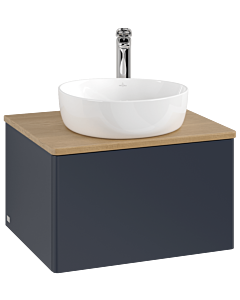 Meuble vasque Villeroy &amp; Boch Antao K29051HG 60x36x50cm, percé pour robinetterie, plan vasque couleur chêne miel, laque mate bleu nuit