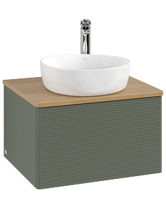 Meuble vasque Villeroy &amp; Boch Antao K29151HL 60 x 36 x 50 cm, percé pour robinetterie, plan vasque couleur chêne miel, laque mate vert feuille
