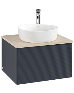 Meuble vasque Villeroy &amp; Boch Antao K29153HG 60 x 36 x 50 cm, percé pour robinetterie, plan vasque couleur Botticino, laque mate bleu nuit