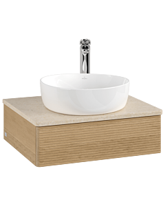 Villeroy &amp; Boch Antao vanity unit L07153HN with lighting, textured finish, 60x19x50cm, tap hole, washbasin top color botticino, honey oak