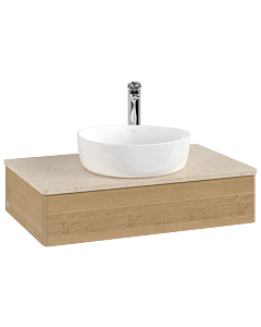 Villeroy und Boch Antao Waschtisch-Unterschrank L08053HN mit Beleuchtung, 80x19x50cm, Hahnloch, Waschbeckenplattenfarbe botticino, honey oak