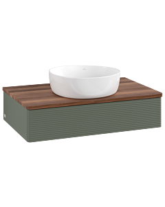 Villeroy &amp; Boch Antao vanity unit L08112HL with lighting, 1 drawer, 800 x 190 x 500 mm, textured front, Leaf Green Matt Lacquer / Warm Walnut
