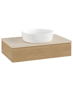 Villeroy &amp; Boch Antao vanity unit L08113HN with lighting, textured finish, 80x19x50cm, washbasin top color botticino, honey oak