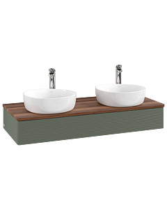 Villeroy &amp; Boch Antao vanity unit L13152HL with lighting and textured finish, 120x19x50cm, tap hole, washbasin top color warm walnut, leaf green matt lacquer