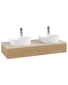 Villeroy &amp; Boch Antao vanity unit L13153HN with lighting and textured finish, 120x19x50cm, tap hole, washbasin top color botticino, honey oak