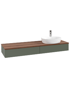 Meuble vasque Villeroy &amp; Boch Antao L16052HL avec éclairage, 160 x 19 x 50 cm, percé pour robinetterie, plan vasque couleur noyer chaud, laque mate vert feuille