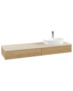 Meuble vasque Villeroy &amp; Boch Antao L16053HN 160 x 19 x 50 cm, percé pour robinetterie, plan vasque couleur Botticino, chêne miel