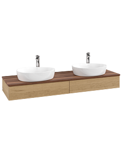 Villeroy &amp; Boch Antao vanity unit L17152HN with lighting and textured finish, 160x19x50cm, tap hole, washbasin top color warm walnut, honey oak