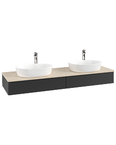 Villeroy &amp; Boch Antao vanity unit L17153PD with lighting, textured finish, 160x19x50cm, tap hole, washbasin top color botticino, black matt lacquer