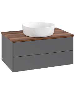 Meuble vasque Villeroy &amp; Boch Antao L19012GK avec éclairage, 2 tiroirs, 800 x 360 x 500 mm, façade lisse, laque anthracite mate / noyer chaud