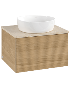 Villeroy &amp; Boch Antao vanity unit L29113HN with lighting, textured finish, 60x36x50cm, washbasin top color botticino, honey oak