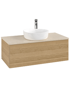 Villeroy und Boch Antao Waschtisch-Unterschrank L31053HN mit Beleuchtung, 100x36x50cm, Hahnloch, Waschbeckenplattenfarbe botticino, honey oak
